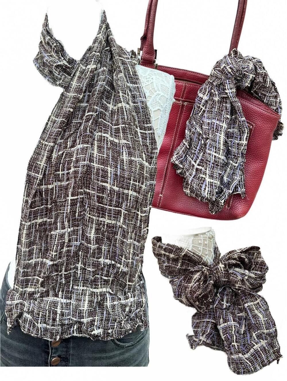 Plaid Scarf Brown‎ Purple Lightweight Crinkled Fabric Accessory